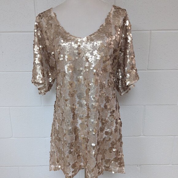 Free People Gold Sequin Semi-Sheer T-Shirt Dress, Small - Picture 1 of 6